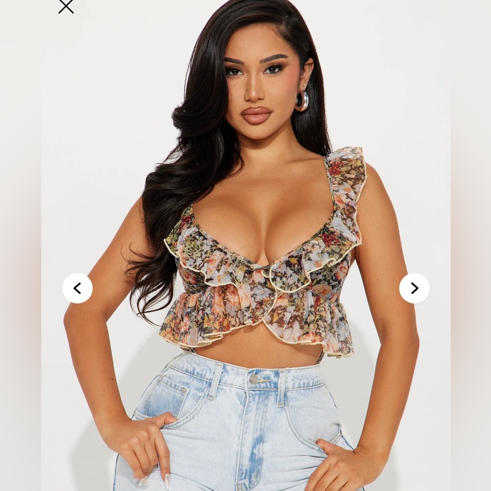Fashion Nova Floral Ruffle Sheer Crop Bodysuit in Multi